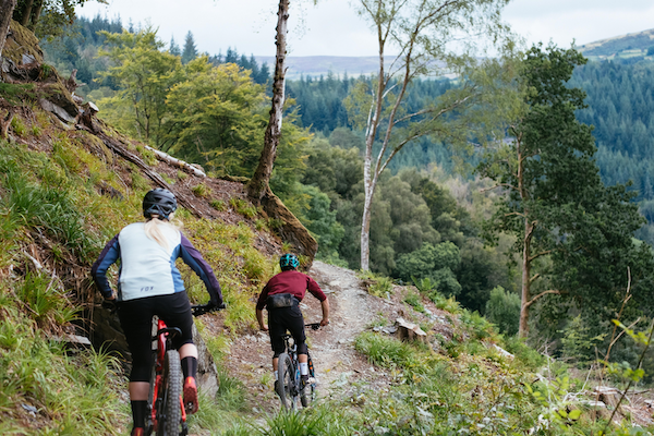 Two people mountain biking